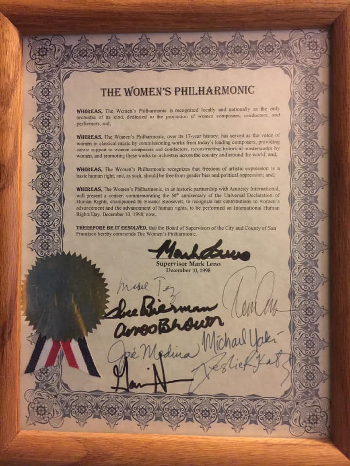 TBT: 1998, The Women’s Philharmonic — recognized by the Supervisors of San Francisco